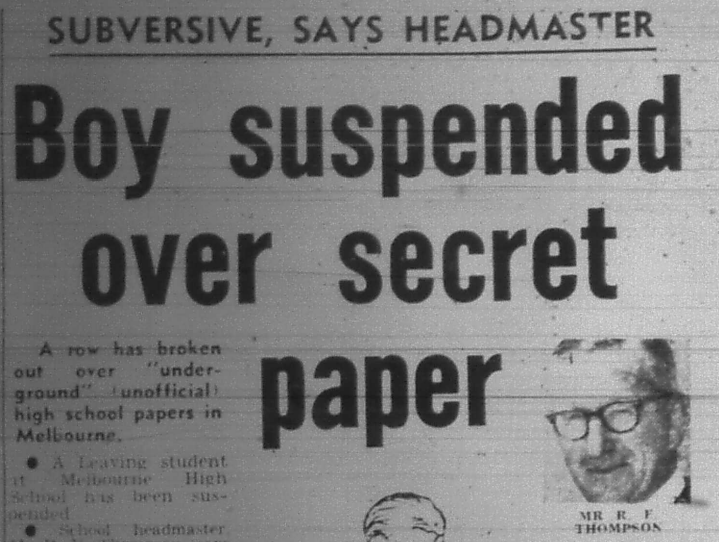 The Herald article headline reads "Subversive, says headmaster - Boy suspended over secret paper"